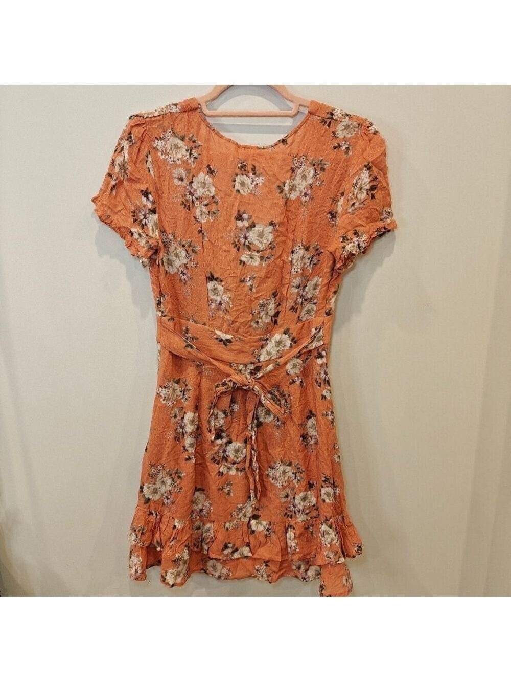 Sadie & Sage Rust Floral Wrap Mini Dress Ruffle Sleeve Boho Small 0522 - Picture 3 of 7